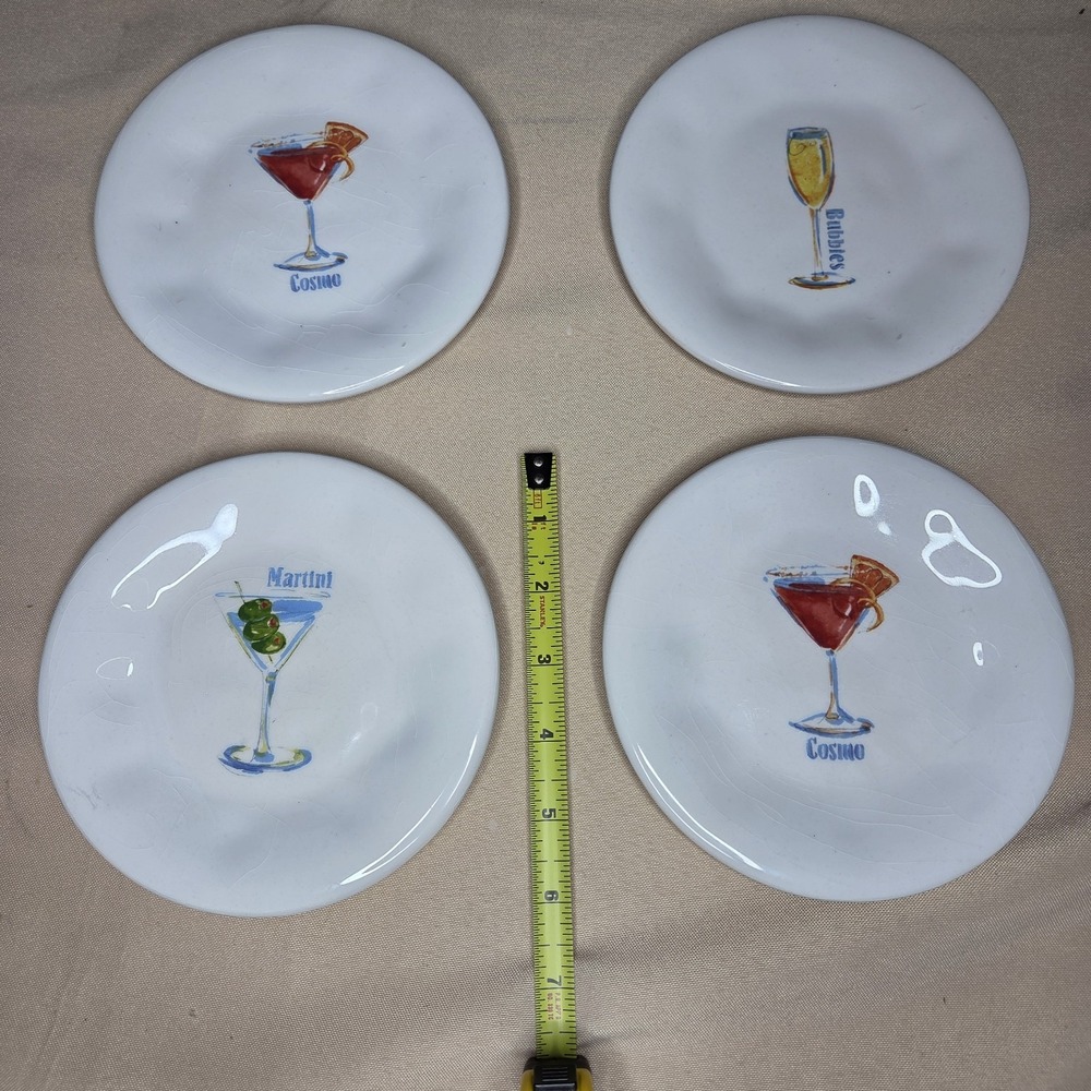 Pier 1 Imports Set of 4 Appetizer Plates Cocktails Themed Cosmo Bubbles Martini